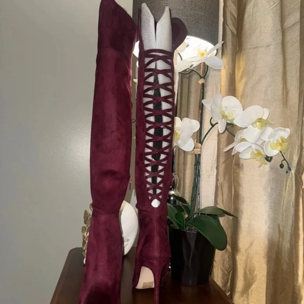 Aldo Burgundy Lace-Up Over-the-Knee Boots
